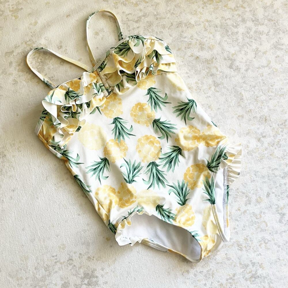 Janie and Jack Girls 6 Swimsuit Pineapple Print Ruffle One Piece Yellow Green